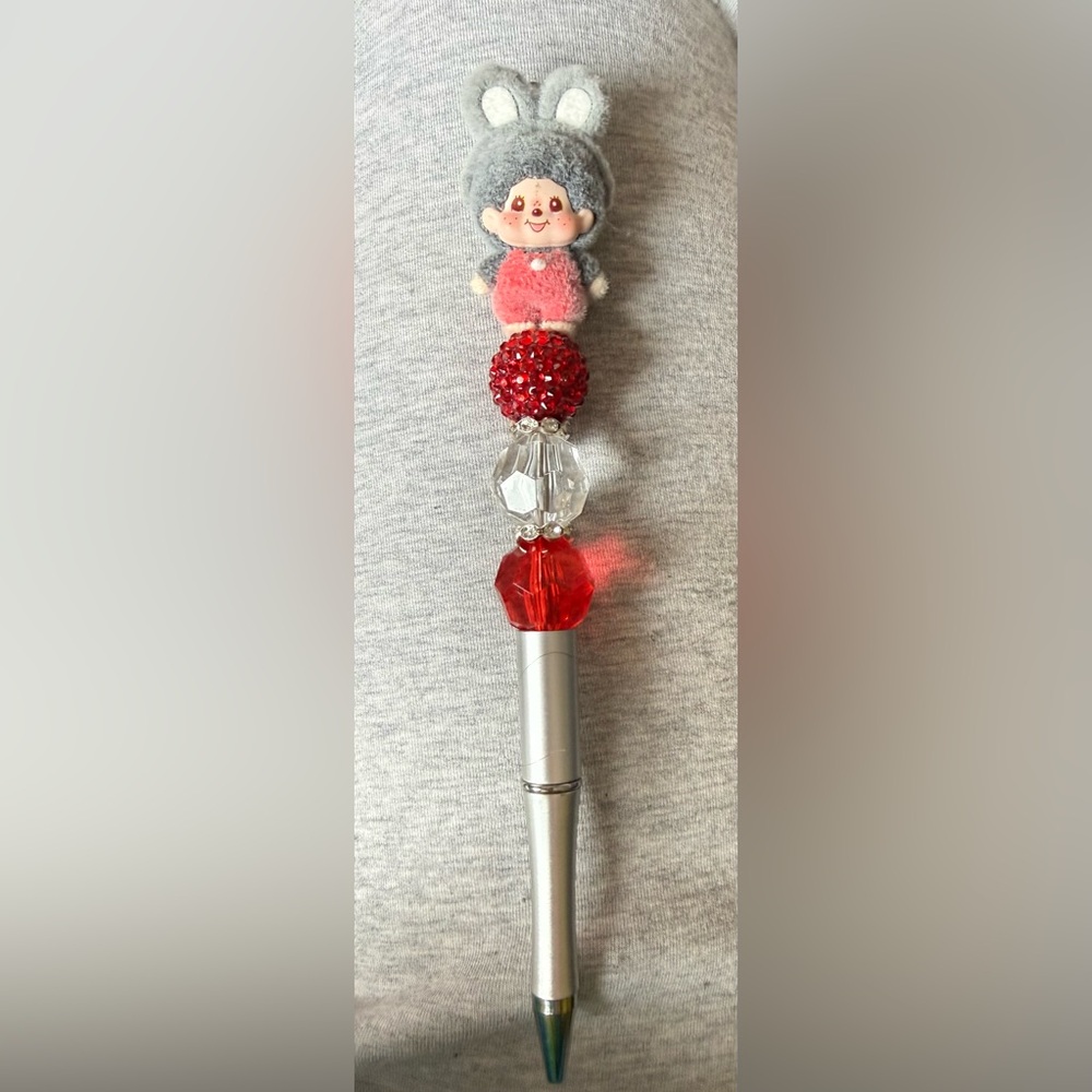 Gray Monchichi Top Red Beaded  Pen